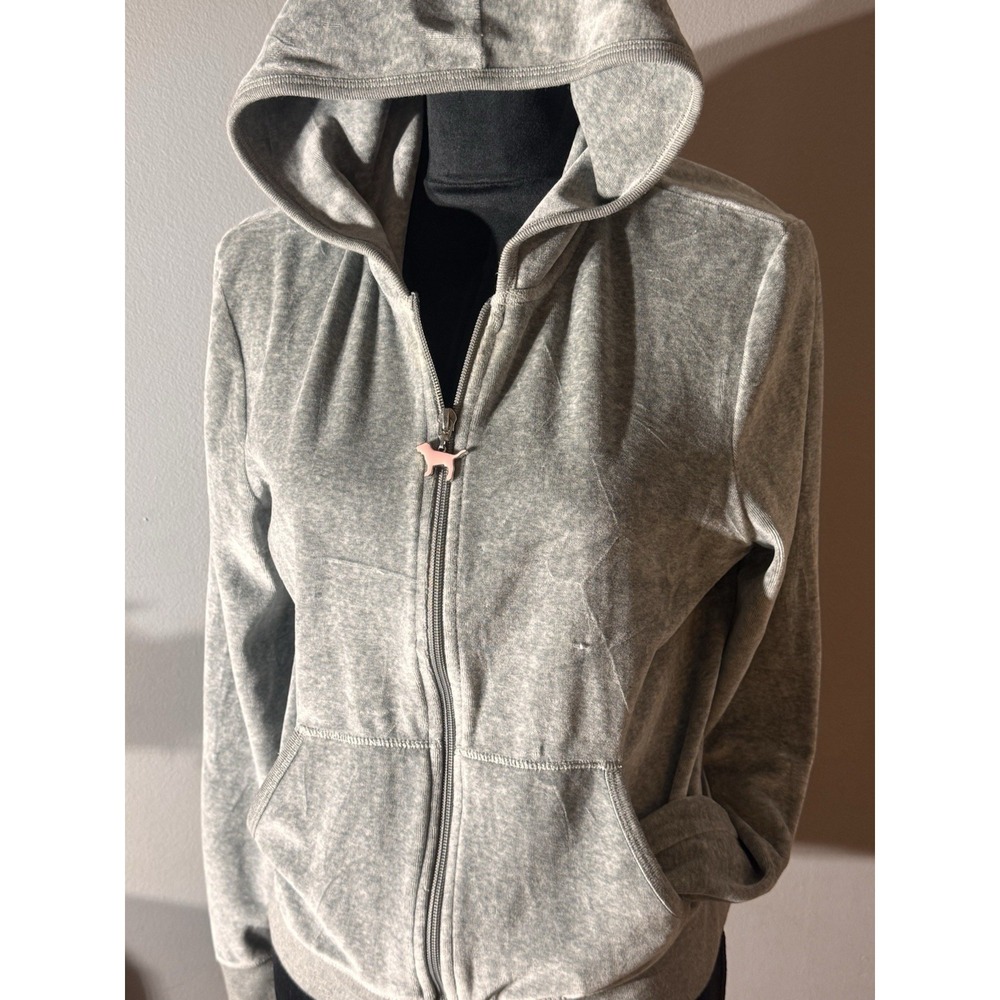 Victoria's Secret PINK Charcoal Gray Velour Zip Up Hoodie Size L
